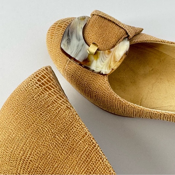 Stuart Weitzman Bucalina Wedge Heels Lizard-Embossed Leather Tortoise Buckle 7.5 - Picture 5 of 14